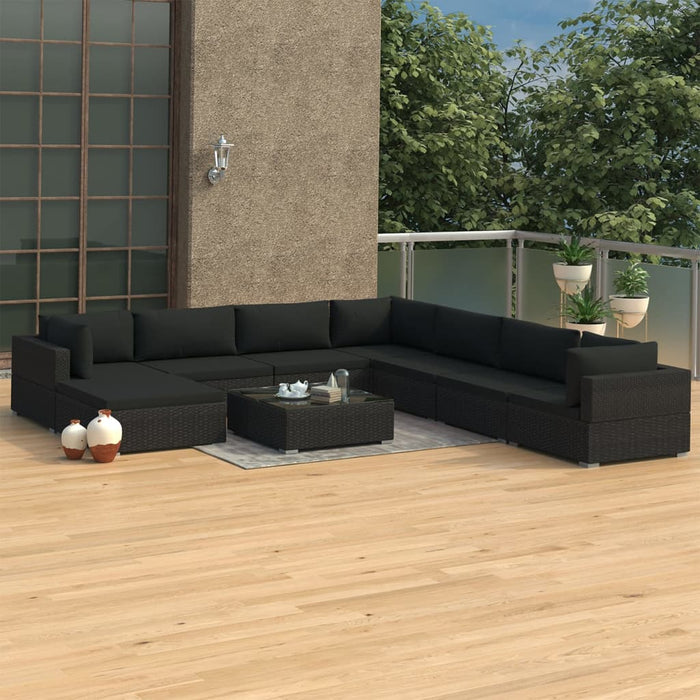 9-tlg. Garten-Lounge-Set mit Auflagen Poly Rattan Schwarz