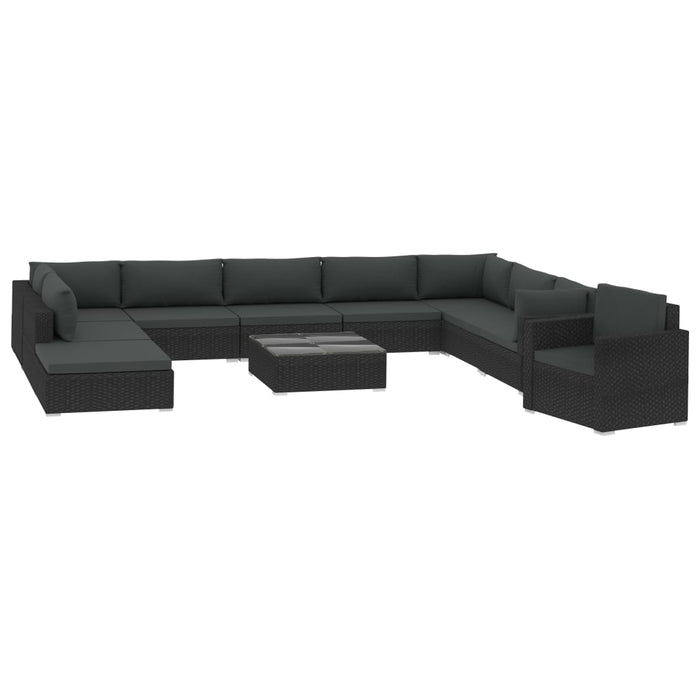 11-tlg. Garten-Lounge-Set mit Auflagen Poly Rattan Schwarz