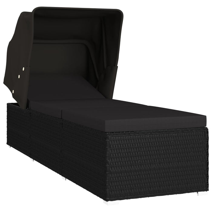 Sun lounger with sun protection and cushion poly rattan black