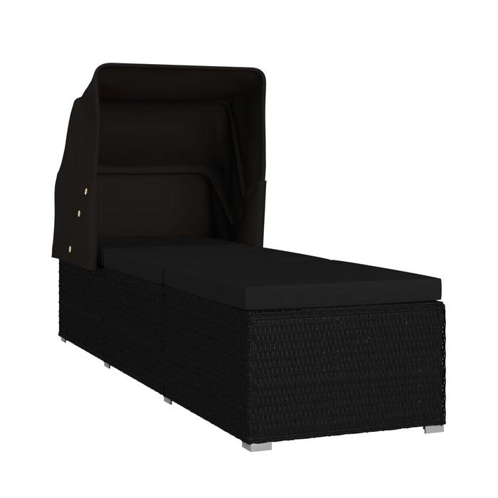 Sun lounger with sun protection and cushion poly rattan black