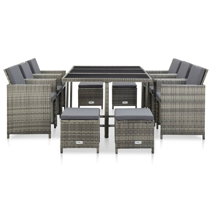 11 pcs. Garden dining group with cushions poly rattan gray