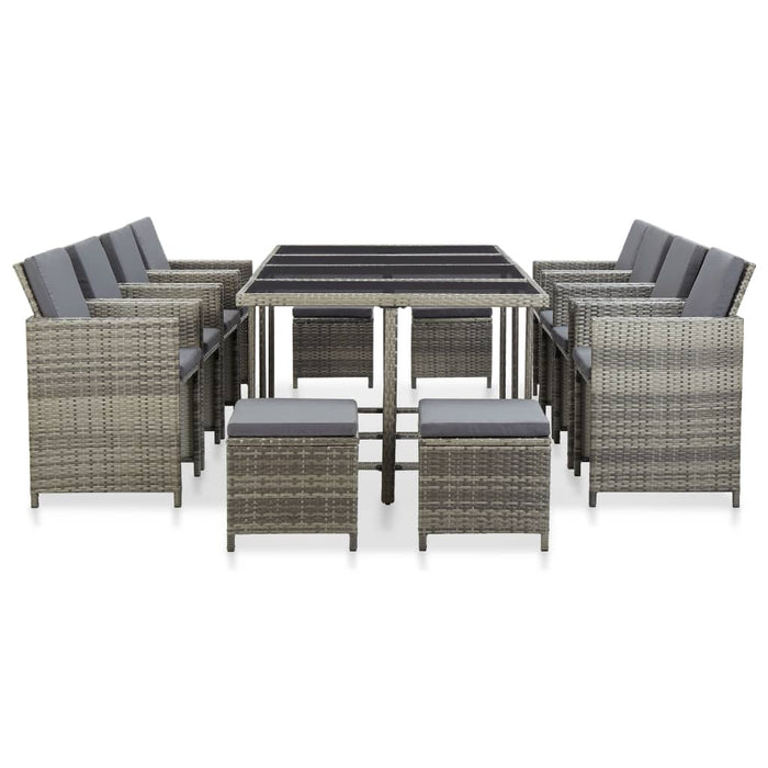 13 pcs. Garden dining group with cushions poly rattan gray