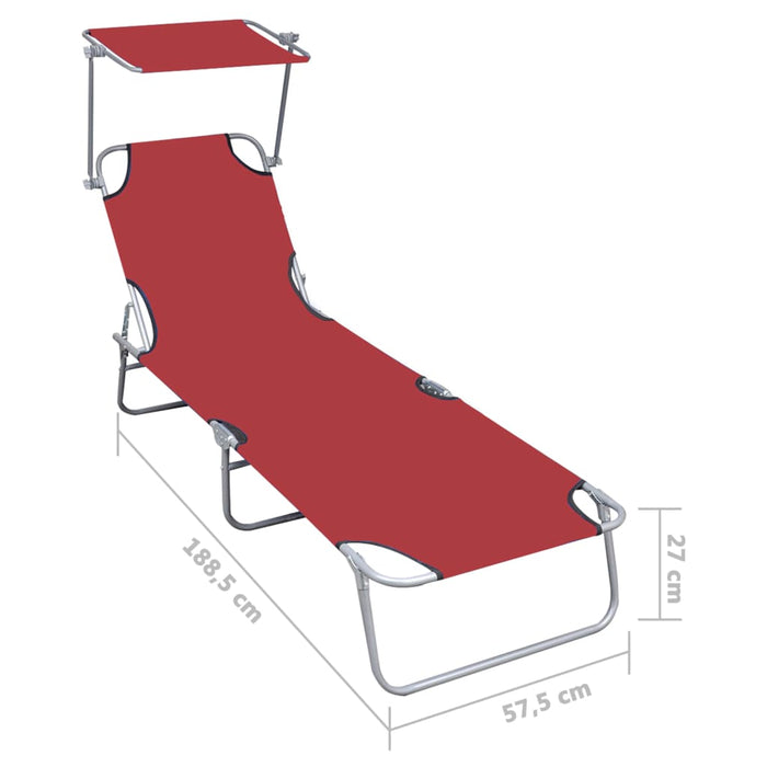 Folding lounger with sun protection red aluminum