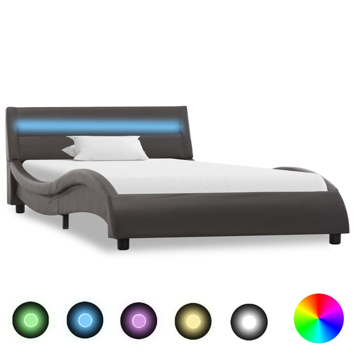 Bed frame with LED gray faux leather 90×200 cm