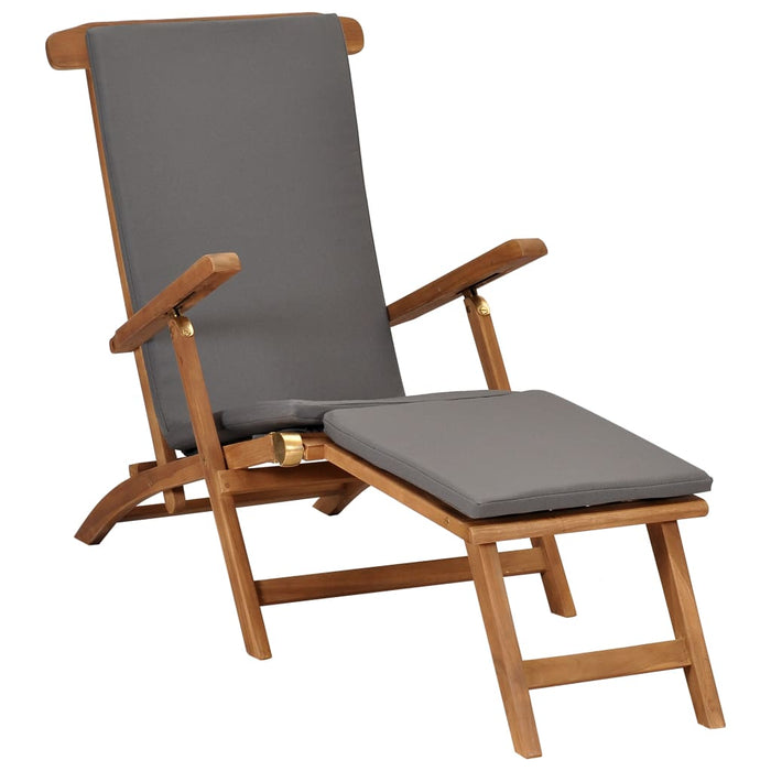Deck chair with cushion in dark gray solid teak wood