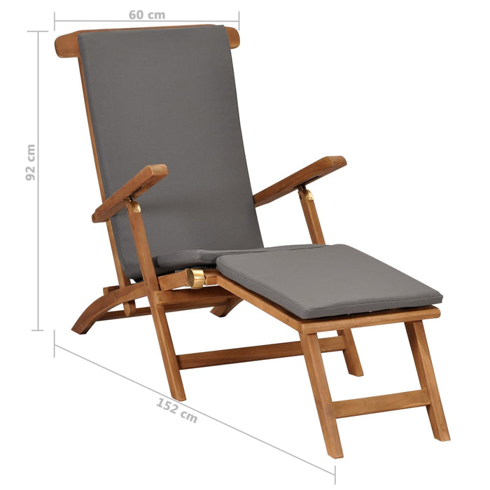Deck chair with cushion in dark gray solid teak wood