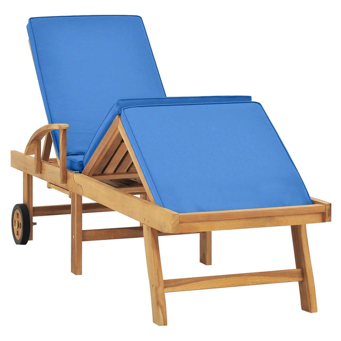 Sun lounger with cushion solid teak blue
