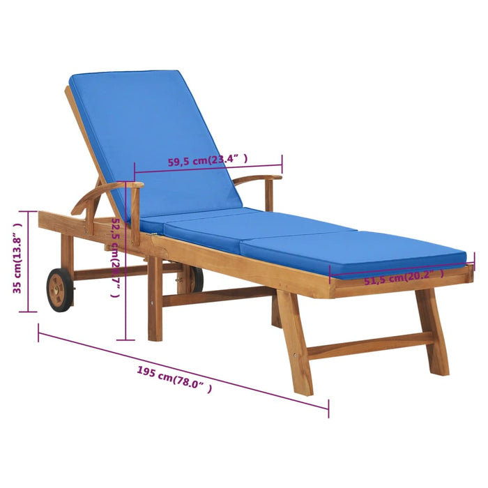 Sun lounger with cushion solid teak blue