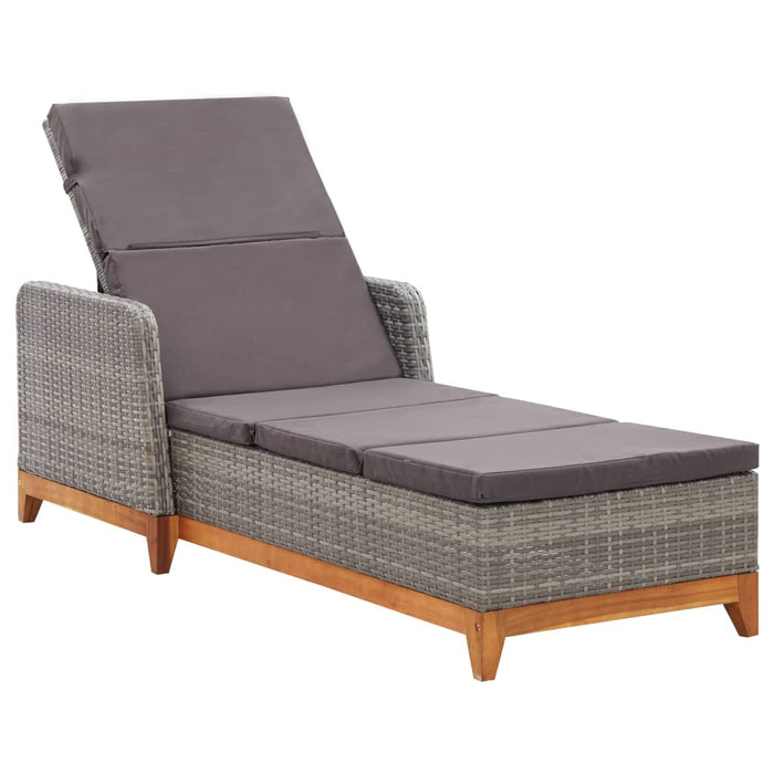 Sun lounger poly rattan and solid acacia gray wood