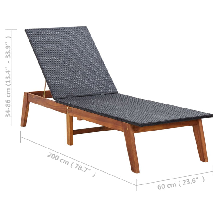Sun lounger poly rattan and solid acacia wood