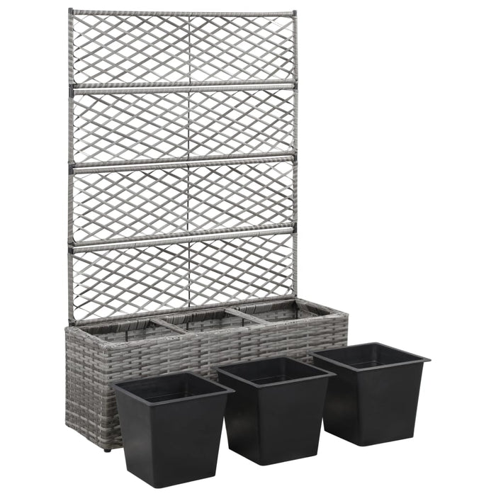 Raised bed with trellis 3 pots 83×30×130cm poly rattan gray