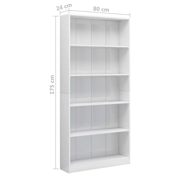 Bookcase 5 compartments high-gloss white 80x24x175 cm made of wood