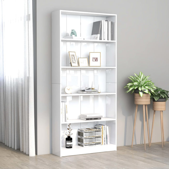 Bookcase 5 compartments high-gloss white 80x24x175 cm made of wood
