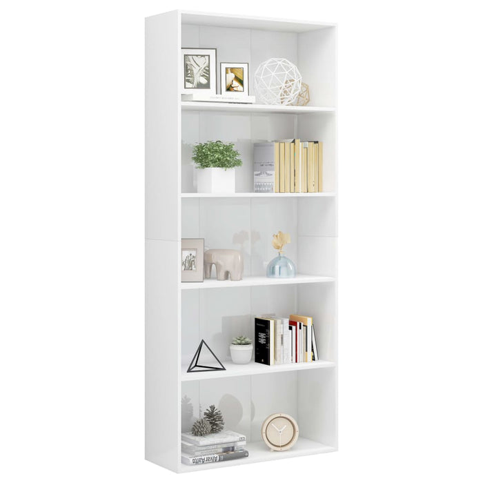 Bookcase 5 compartments high-gloss white 80x30x189 cm made of wood