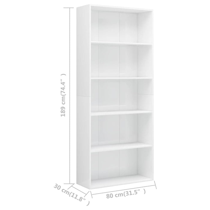 Bookcase 5 compartments high-gloss white 80x30x189 cm made of wood
