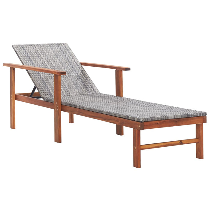 Sun lounger with cushion poly rattan acacia solid wood grey