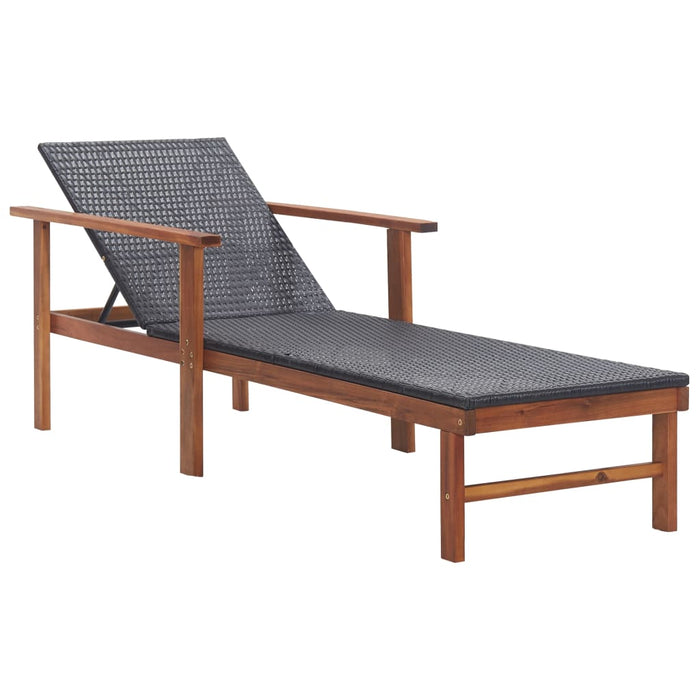 Sun lounger with cushion poly rattan solid acacia wood black