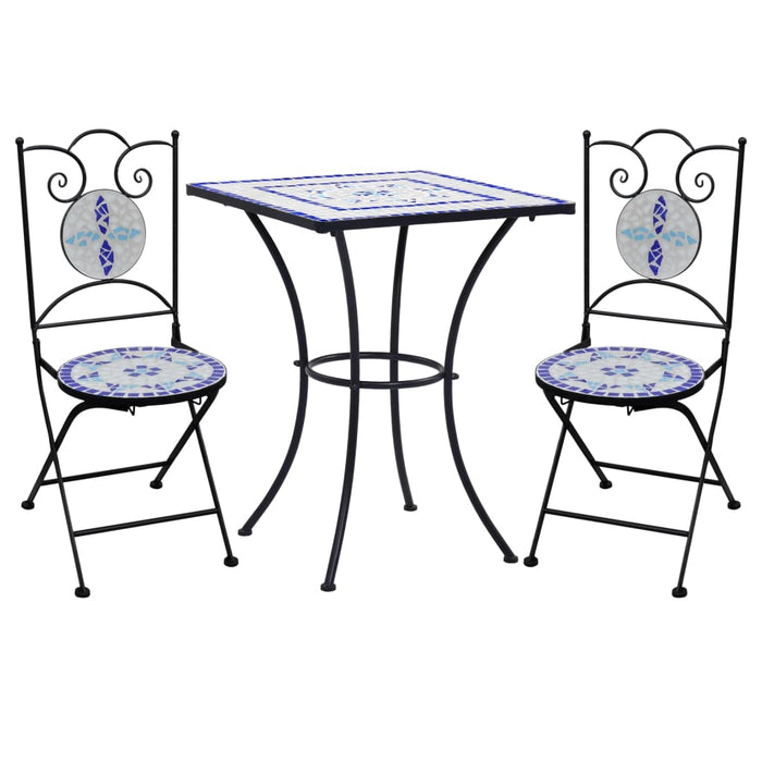 3-tlg. Bistro-Set Mosaik Keramik Blau und Weiß