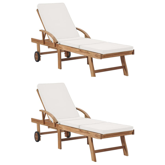 Sun loungers with cushions 2 pieces. Solid wood teak cream