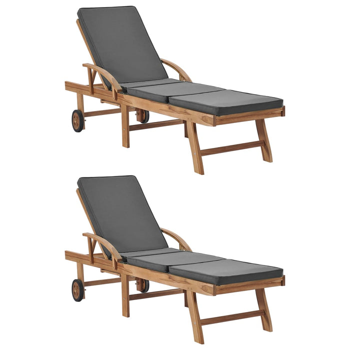 Sun loungers with cushions 2 pieces. Solid teak wood dark gray