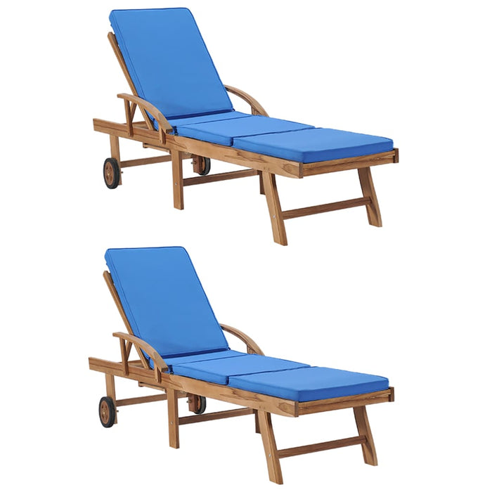 Sun loungers with cushions 2 pieces. Solid teak wood blue