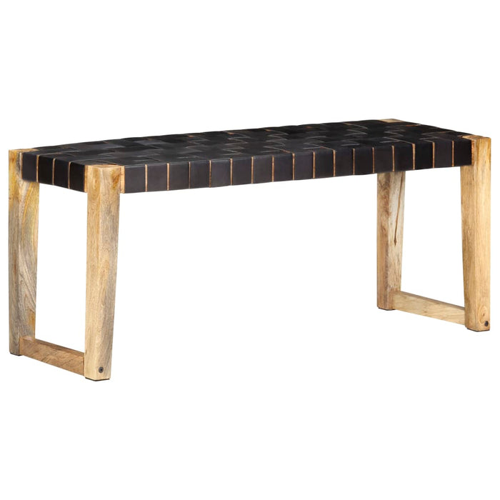 Bench 110 cm black genuine leather and solid mango wood