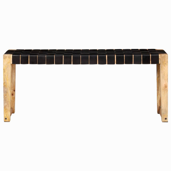 Bench 110 cm black genuine leather and solid mango wood