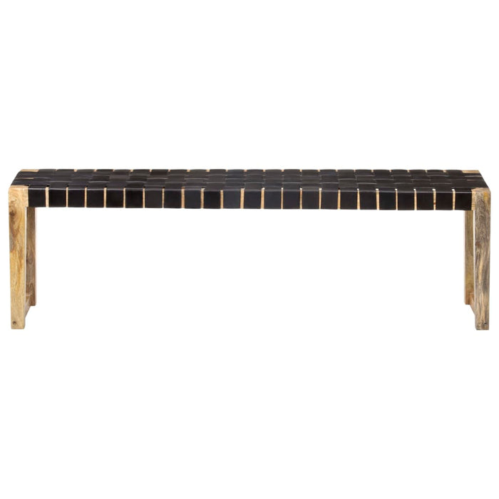 Bench 150 cm black genuine leather and solid mango wood