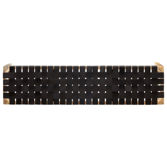 Bank 150 cm Schwarz Echtleder und Massivholz Mango