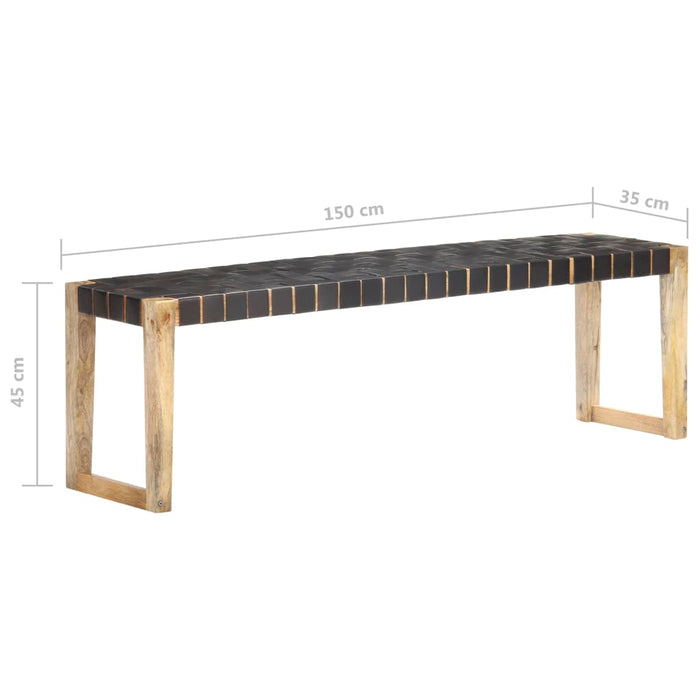 Bank 150 cm Schwarz Echtleder und Massivholz Mango