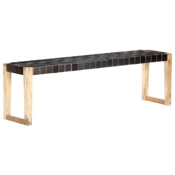 Bank 150 cm Schwarz Echtleder und Massivholz Mango