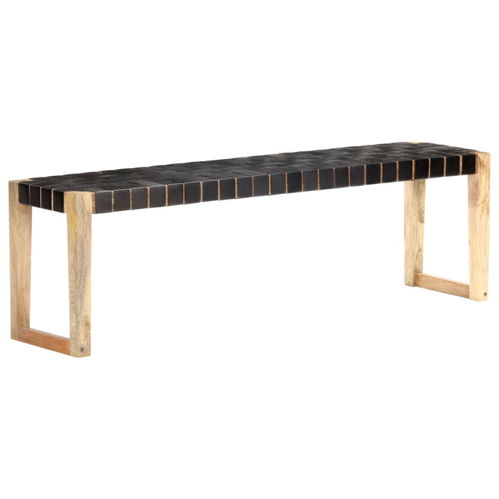Bank 150 cm Schwarz Echtleder und Massivholz Mango
