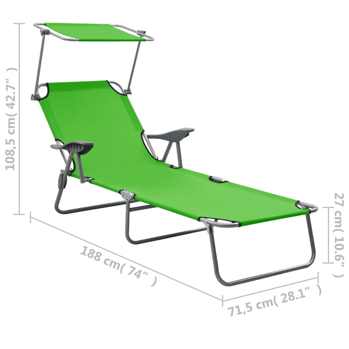 Sun lounger with sun protection steel green