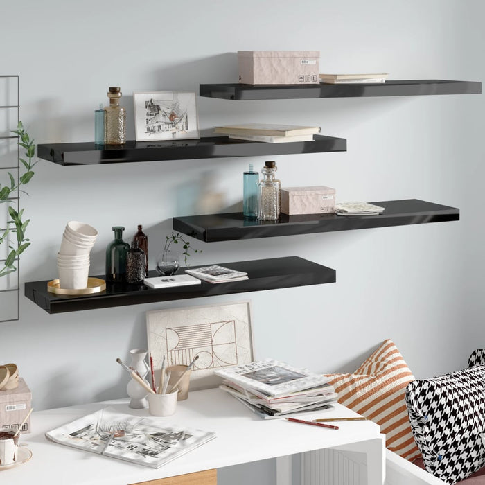 Floating wall shelves 4 pieces. High-gloss black 90x23.5x3.8cm MDF