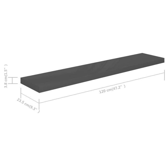 Floating wall shelves 2 pieces high gloss gray 120x23.5x3.8cm MDF
