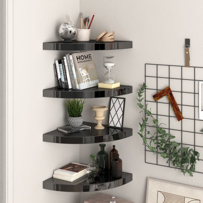 Corner floating shelves 4 pieces high gloss black 35x35x3.8 cm MDF