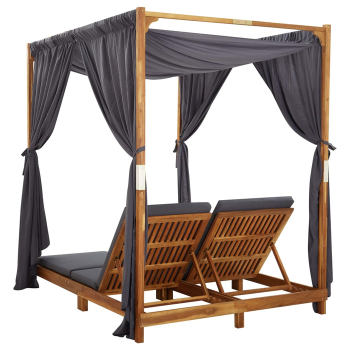 Double sun lounger with curtains and cushions in solid acacia wood