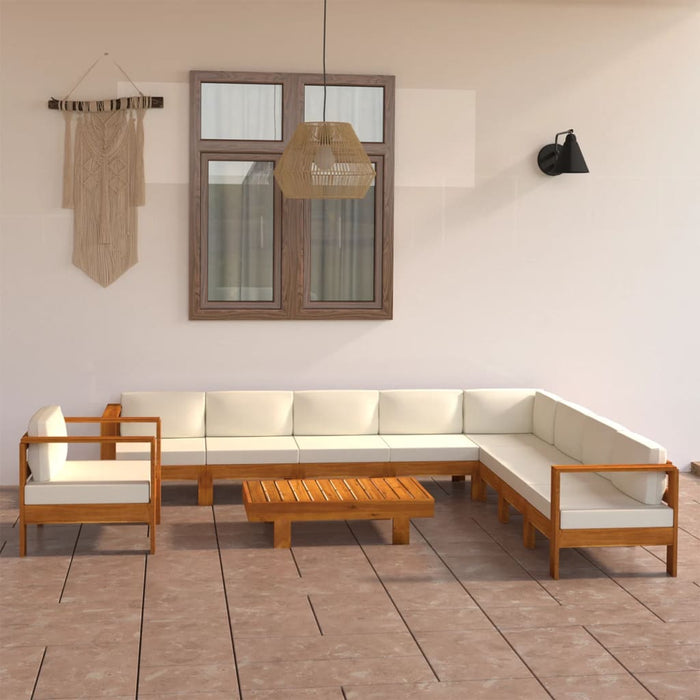 10 pcs. Garden lounge set with cream cushions in solid acacia wood