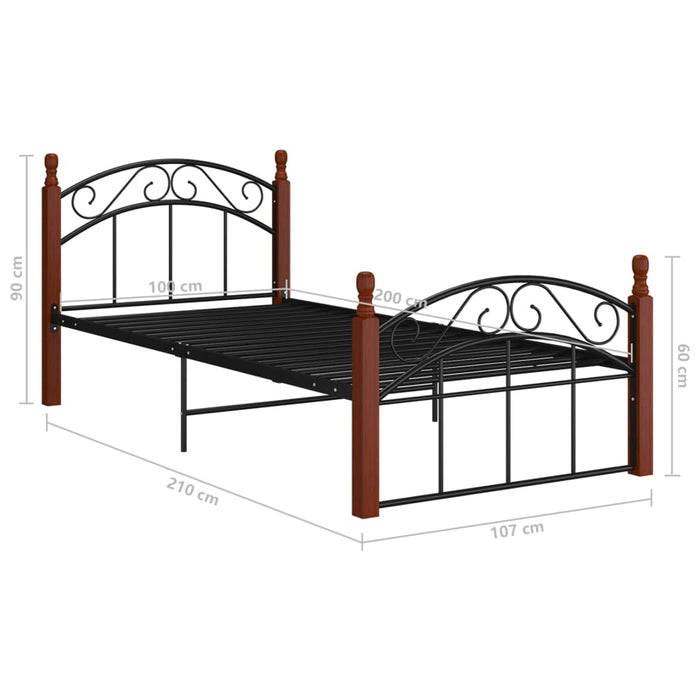 Bettgestell Schwarz Metall und Massivholz Eiche 100x200 cm