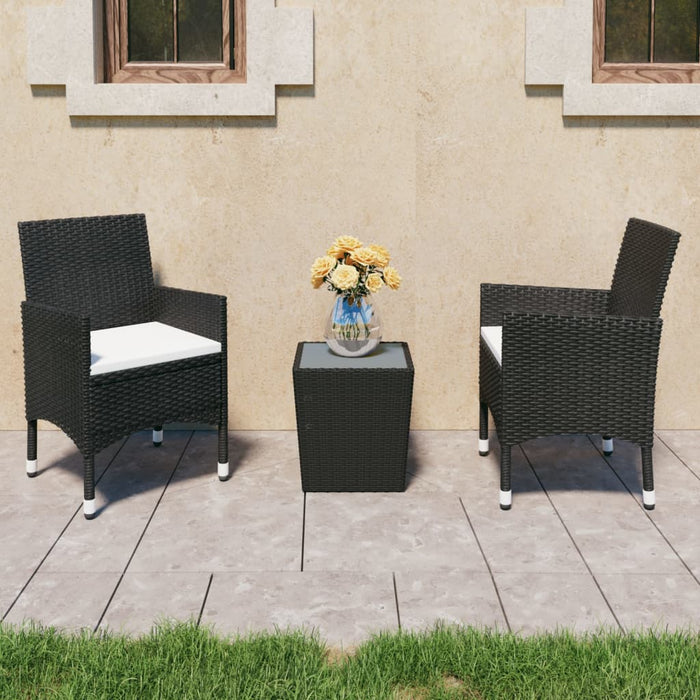 3-tlg. Bistro-Set Poly Rattan und Hartglas Schwarz