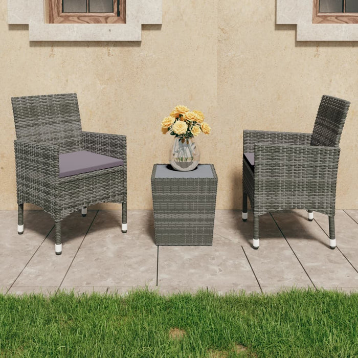 3-tlg. Bistro-Set Poly Rattan und Hartglas Grau