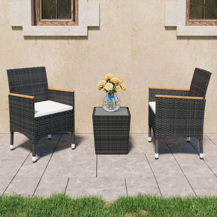 3-tlg. Bistro-Set Poly Rattan und Hartglas Schwarz