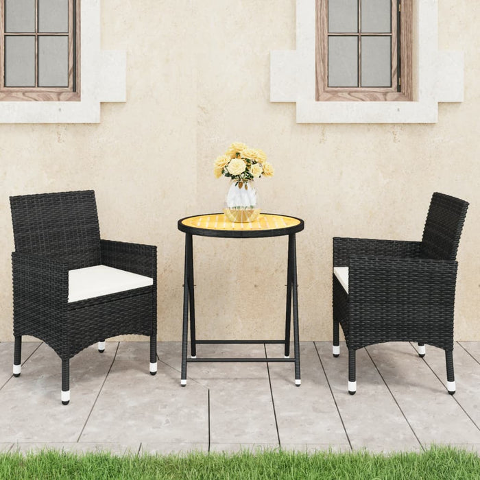 3-tlg. Bistro-Set Poly Rattan und Akazienholz Schwarz