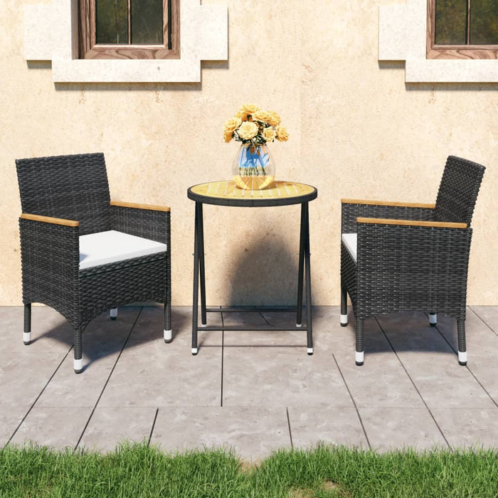 3-tlg. Bistro-Set Poly Rattan und Akazienholz Schwarz