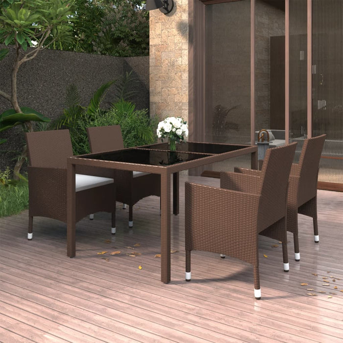 5 pcs. Garden dining set poly rattan and tempered glass brown