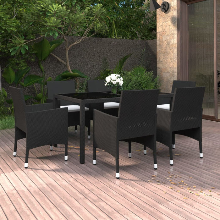 7-tlg. Garten-Essgruppe Poly Rattan und Hartglas Schwarz