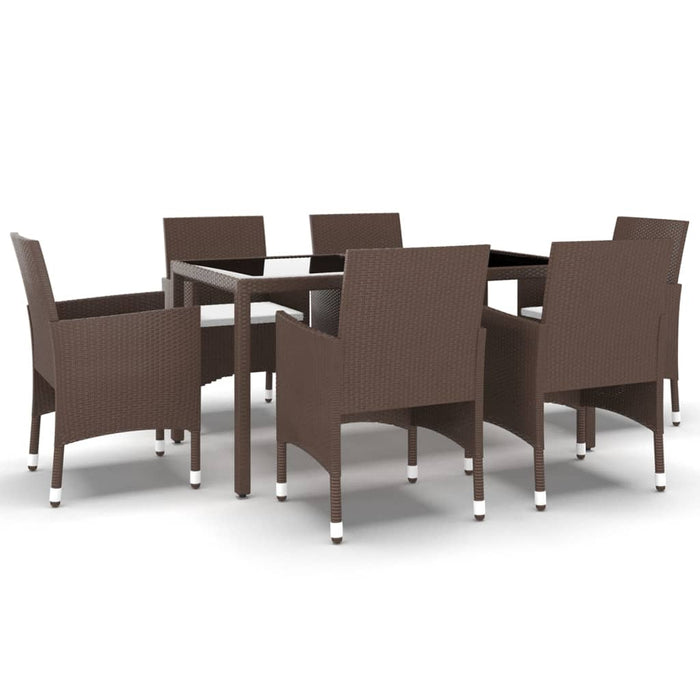 7 pcs. Garden dining set poly rattan and tempered glass brown