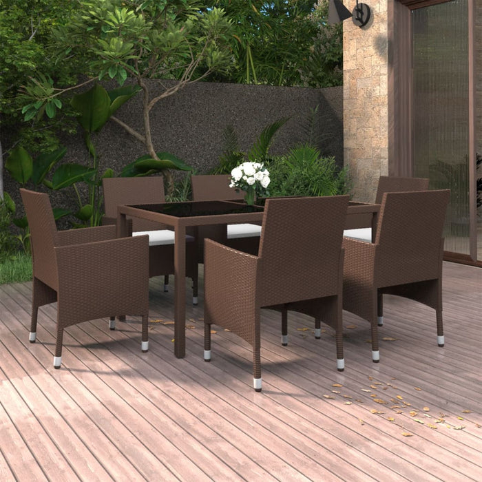 7 pcs. Garden dining set poly rattan and tempered glass brown