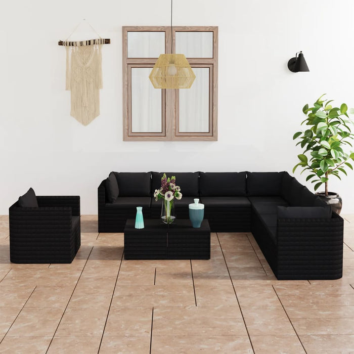 10-tlg. Garten-Lounge-Set mit Kissen Poly Rattan Schwarz