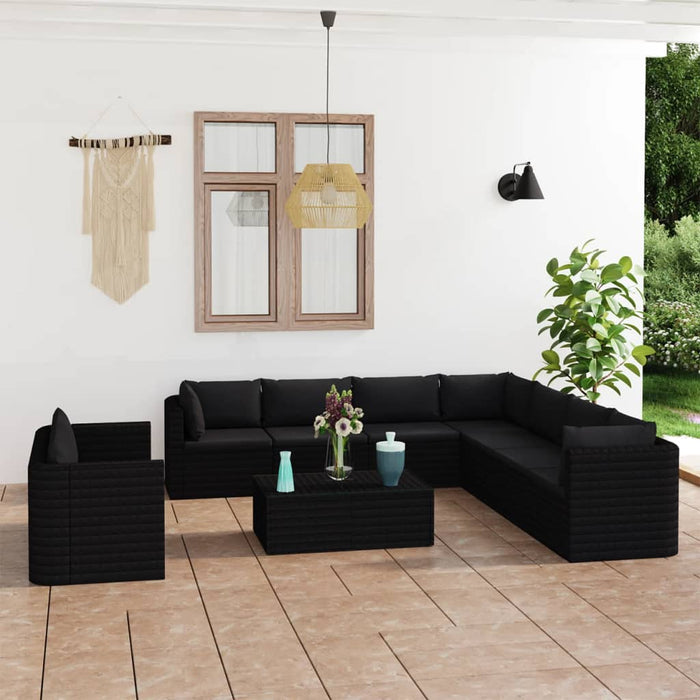11-tlg. Garten-Lounge-Set mit Kissen Poly Rattan Schwarz